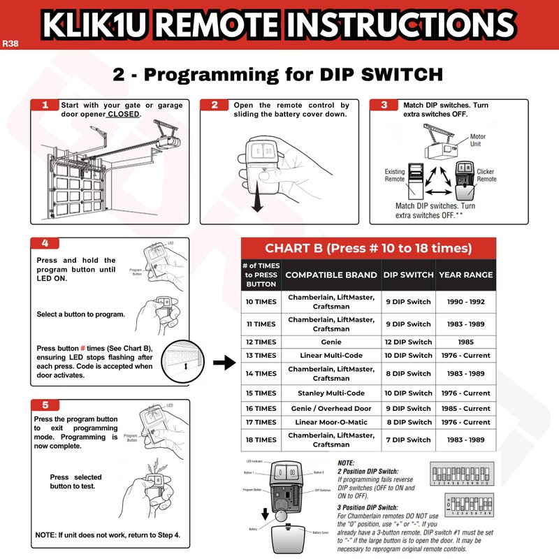 GDR PRO 2X Universal Garage Door Opener Remote, Replaces Clicker 375LM, 375UT, KLIK1U, Compatible with LiftMaster, Chamberlain, Genie, Linear â€“ Dual Door or Gate Control â€“ Learn Button & Dip Switch Ready - Image 4